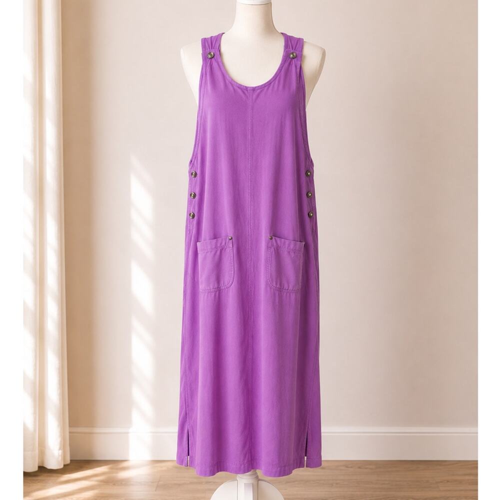 AMI Pink Maxi Shift Dress Sleeveless Pocket Tencel Pullover Button Size Medium